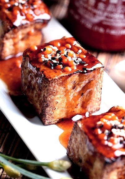 (via Olives for Dinner Glazed Tofu with Fiery Sriracha Pearls)
