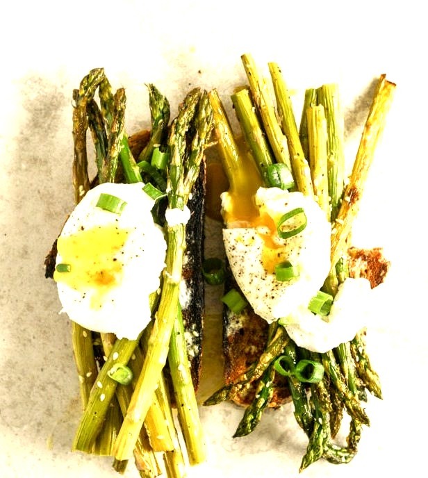 roasted sesame asparagus toasts with poached eggs