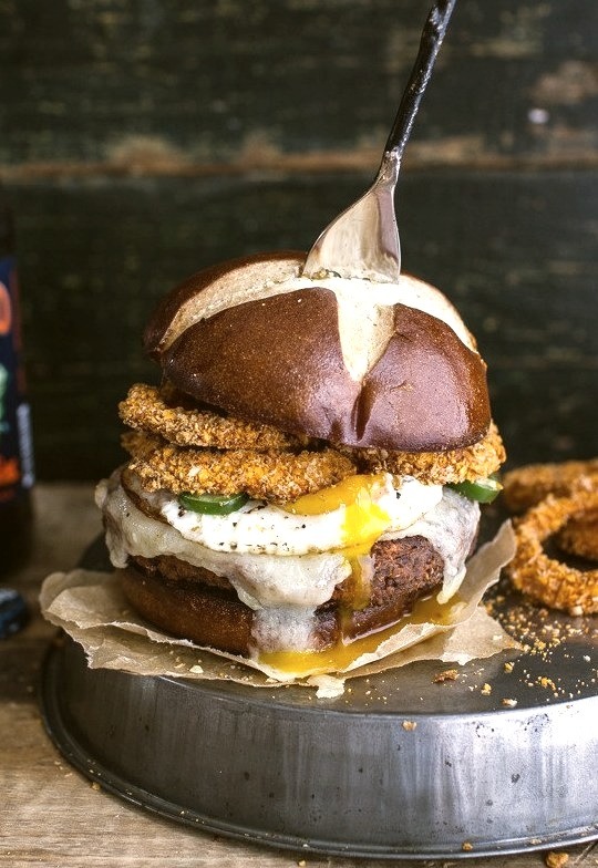 Sweet Potato Black Bean Burgers with Onion Rings and Fried Eggs