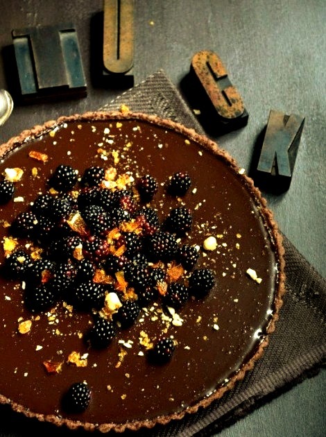 Dark Chocolate Tart with Blackberries and Hazelnut PralineSource