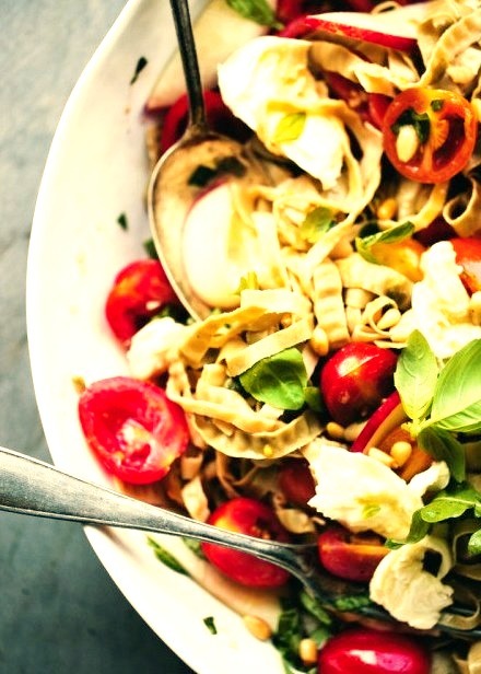 Summer Pasta with Smashed Tomatoes, Peaches & MozzarellaSource