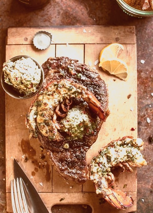 Steak and Lobster with Spicy Roasted Garlic Chimichurri Butter